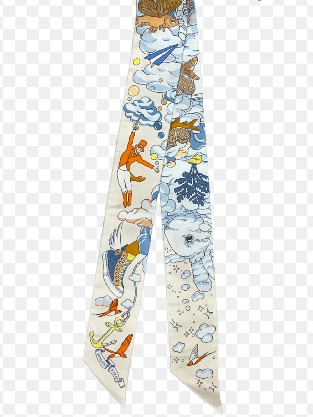 Hermes. Sur Mon Beige Cream Slim Twilly Scarf